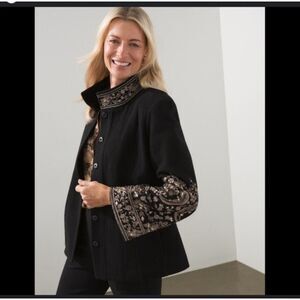 Chicos Coat Wool Blnd Sz 12/L Black Gold Embroidered Beaded Stand Collar